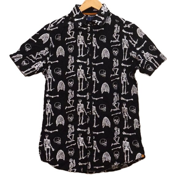 Rugby University Black Button Up Shirt with White Skeleton Pattern Men’s Small - Picture 1 of 4
